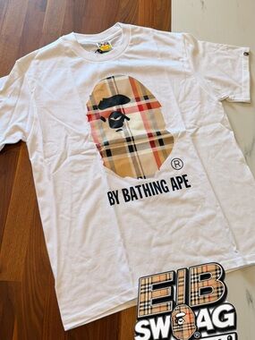 Bape White T-Shirt with Beige Plaid Ape Head